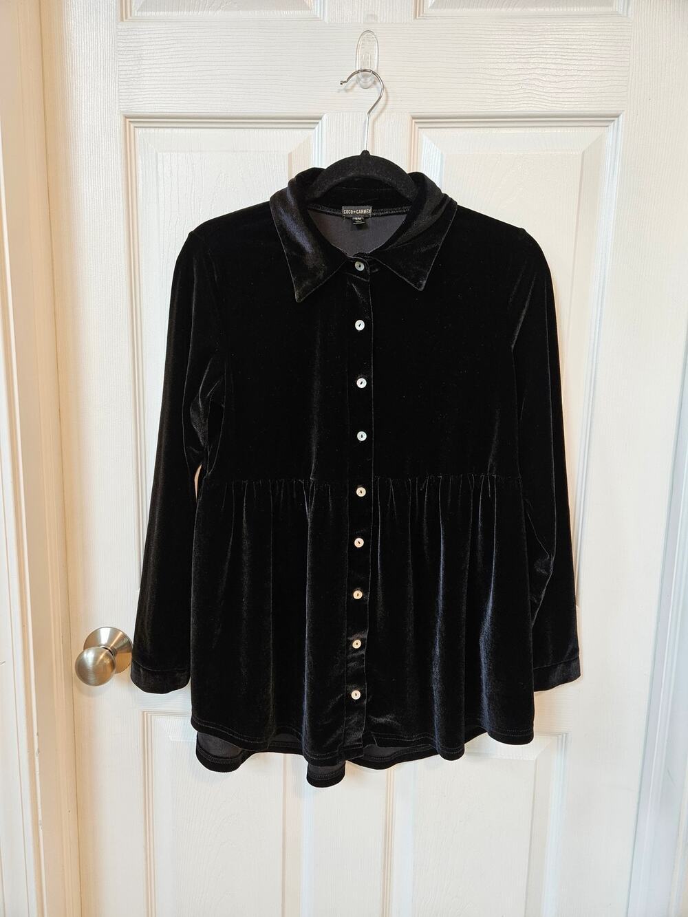 Coco + Carmen Black Velvet Babydoll Tunic Top Womens S/M Long Sleeve